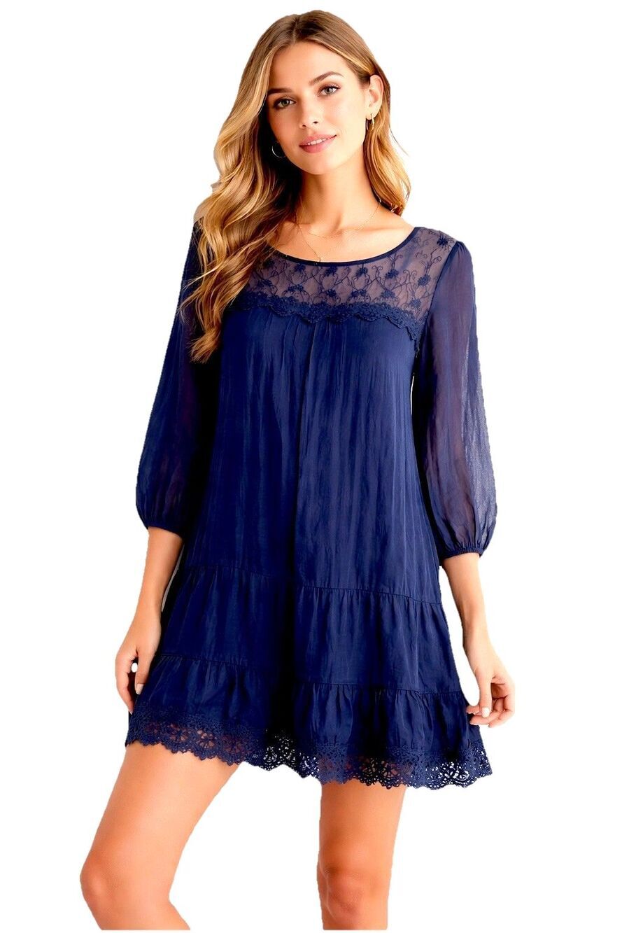 Prontomoda Giusy 100% Silk Lace Boho Mini Dress Navy Blue Small Made Italy NWT